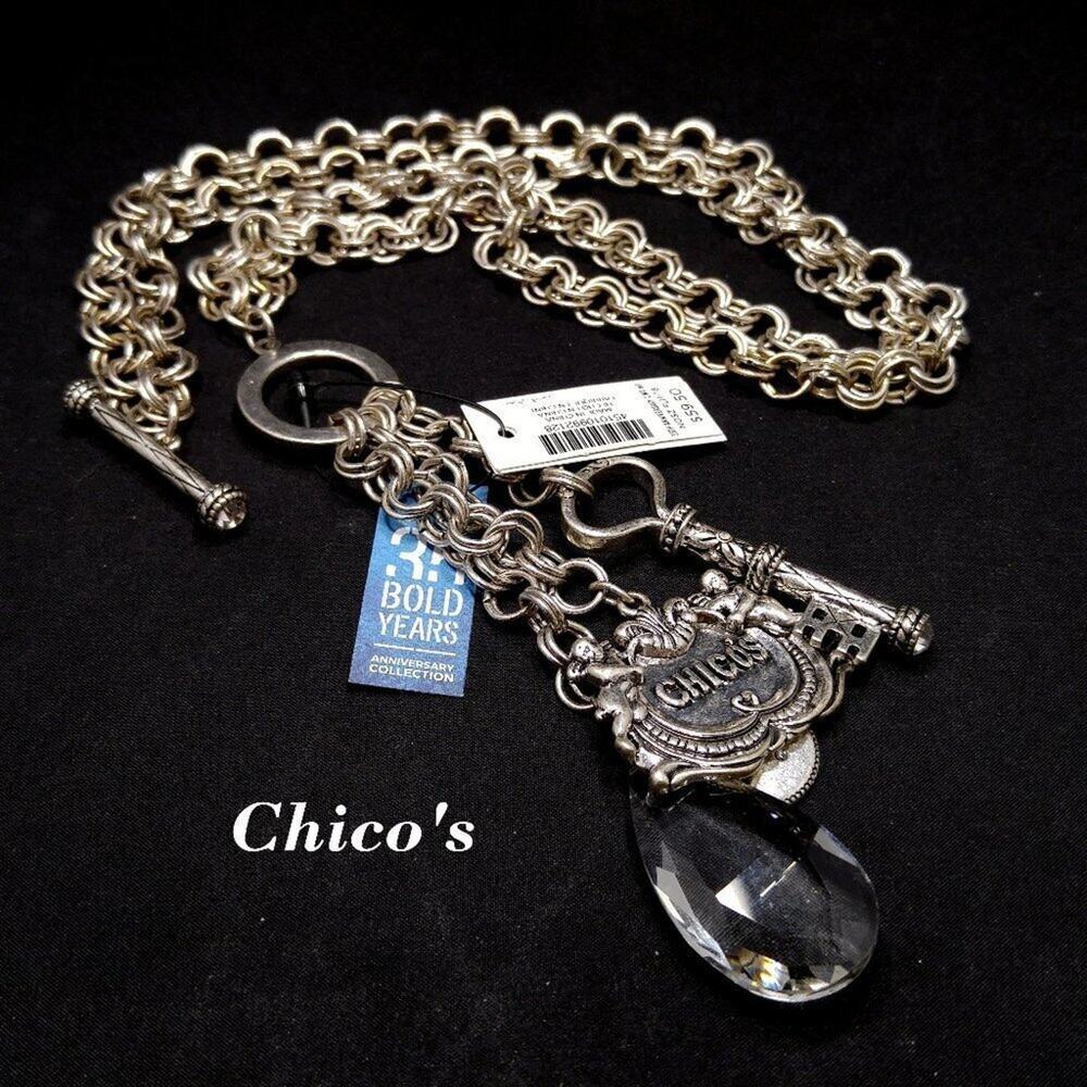 Chico’s 35th Anniversary Necklace Silver Key & Crystal Charms NWT Toggle 36"